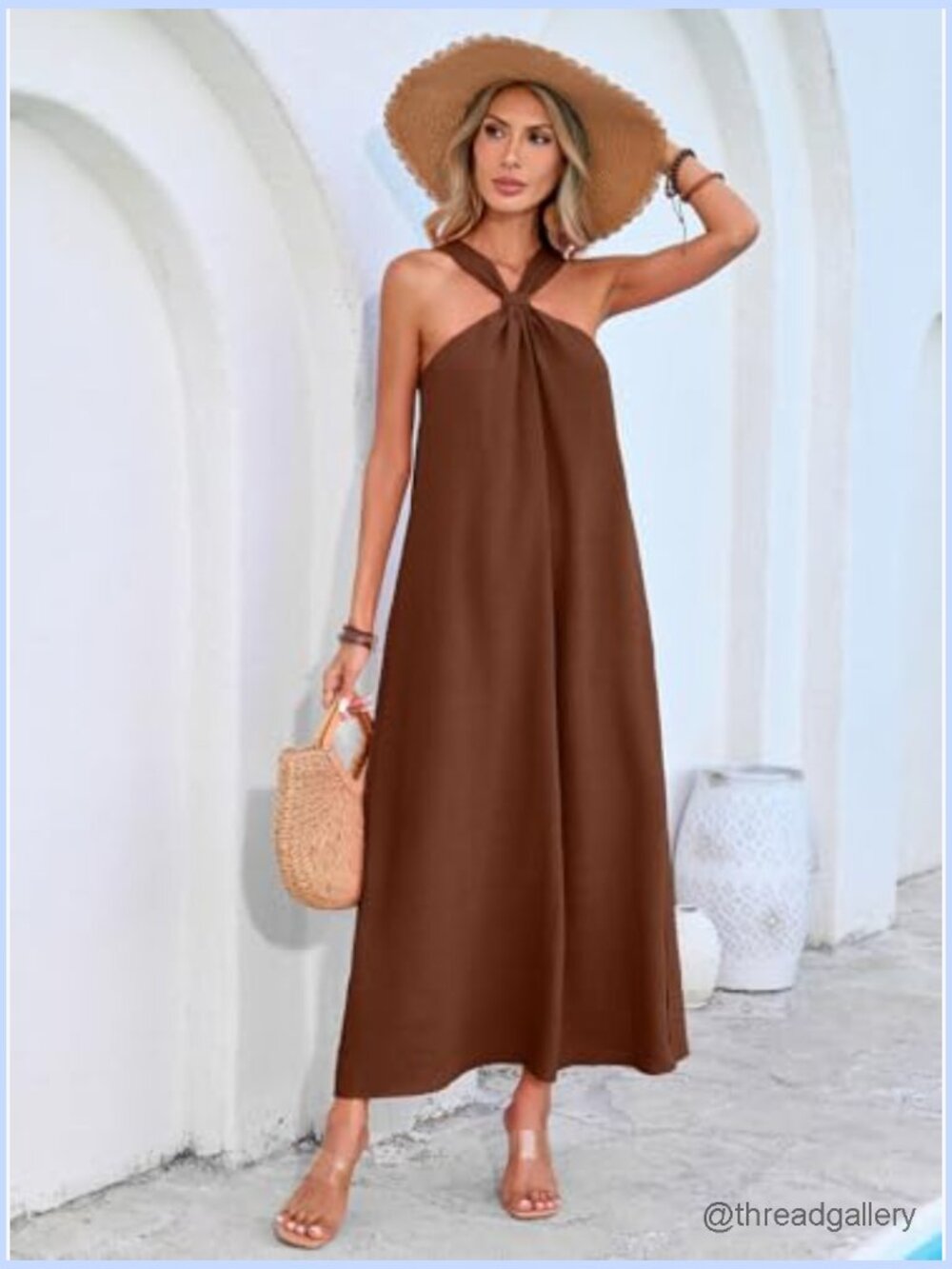 Sleeveless Halter Maxi Dress Side Slit Vacation Beach Casual Flowy - Picture 5 of 7
